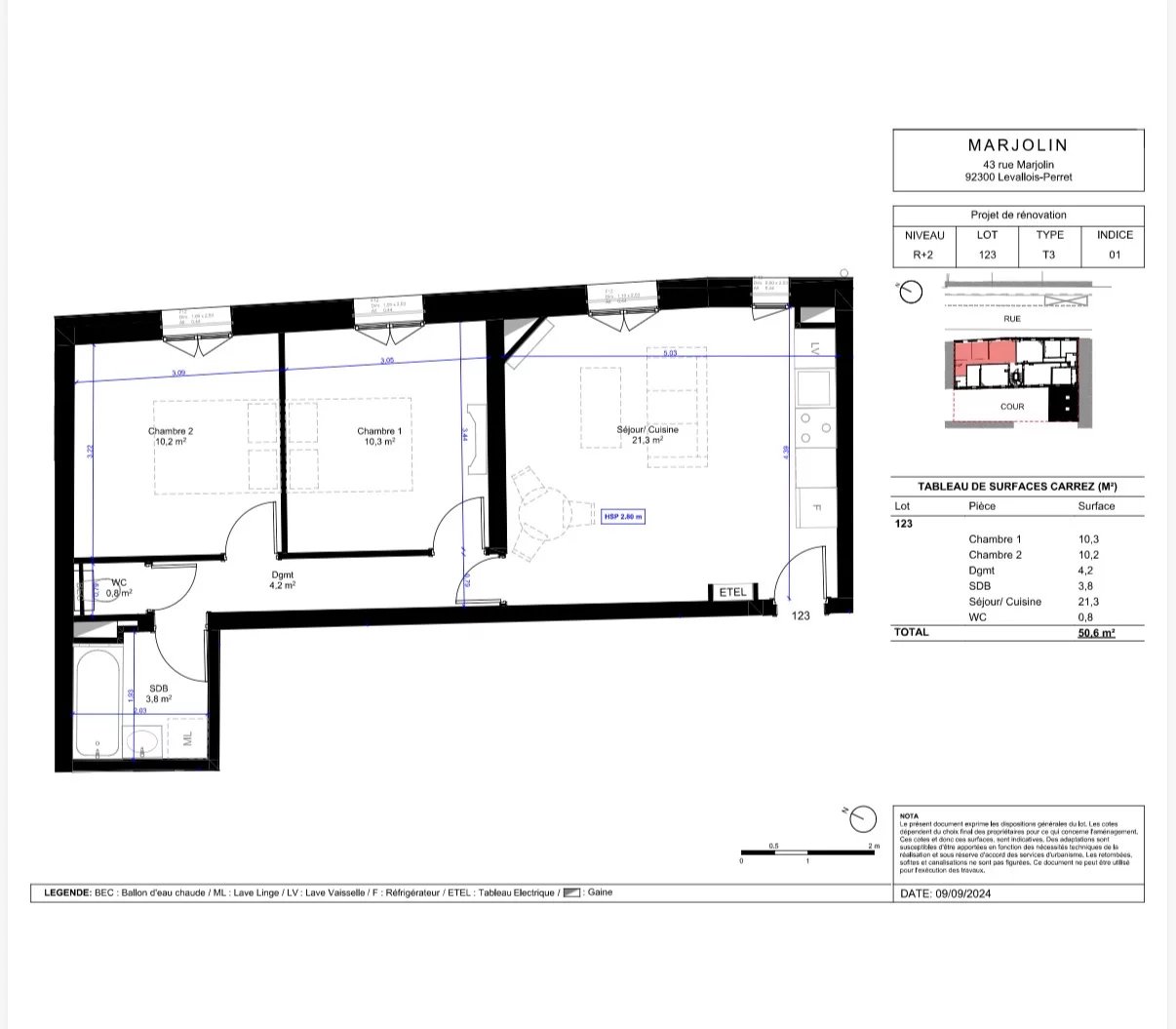 Appartement 3 pièces 51 m² · à Levallois-Perret · 50,6 m² · 538 000 €