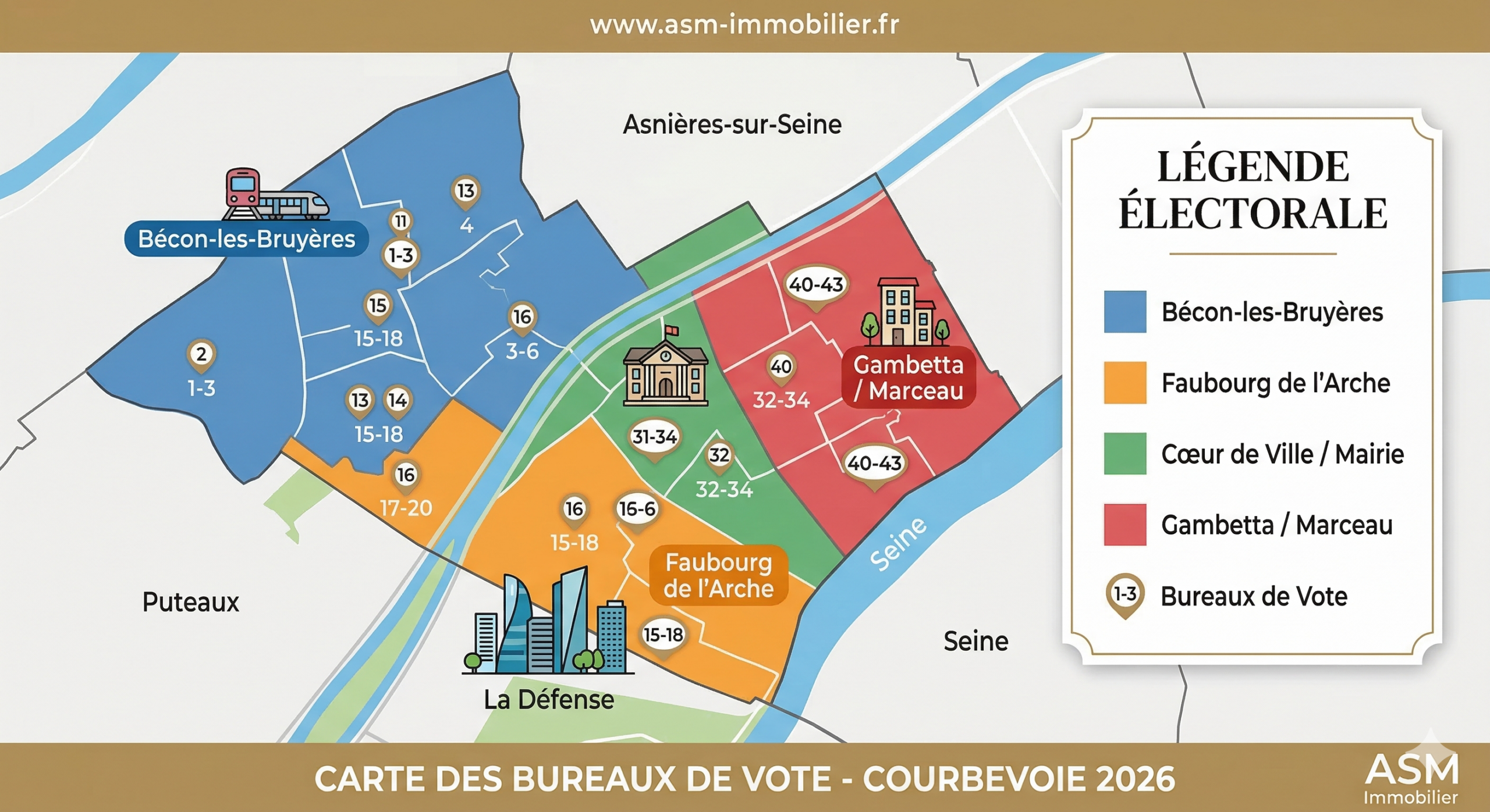 la carte qui référence les bureaux de vote pour les élections municipales à Courbevoie le 22 mars 2026
